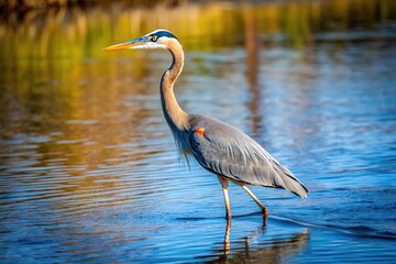 Aerial view of great blue heron wading into water