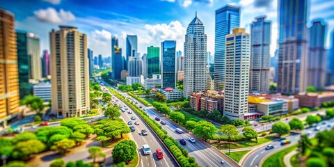 Fototapeta premium Tilt-Shift Photography of Skyscrapers in a Bustling Cityscape with Vibrant Colors and Dynamic Perspectives