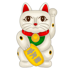 A charming lucky cat figurine waving with its right paw, symbolizing good fortune and prosperity in a vibrant design