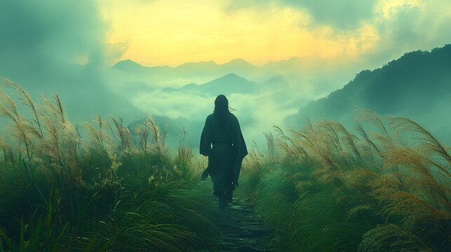 Enoch walking through lush prehistoric landscapes surrounded mountains and spiritual light evoking a serene and timeless mysticism in an ancient natural world filled with divine energy