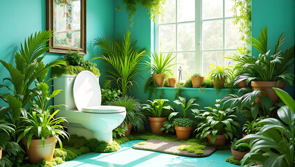 A Green Nature toilet surrounded by potted plants. World Toilet Day concept banner