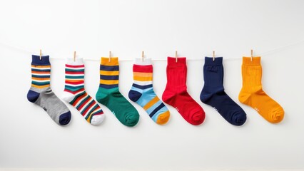 Colorful socks are neatly arranged in a row, featuring vibrant hues and various stripe patterns, showcasing a playful and creative design style.