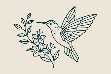 Line Art Hummingbird with Flowers vector illustration