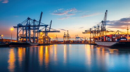 A contemporary shipping terminal illuminated by the soft glow of dawn, with cranes and containers reflecting the warm morning light, representing the steady expansion of international trade