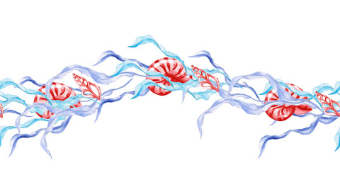 Seamless pattern with shells and seaweed. Isolated illustration on the theme of the underwater world for textile design, holidays with a marine theme, printing, restaurants