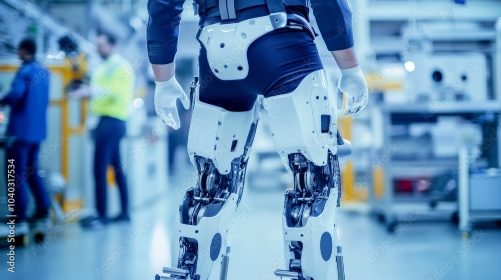 Poster a robotic exoskeleton assisting a worker in a high-tech manufacturing plant, clean and futuristic en