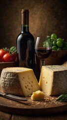 Still life with bottle of red wine, glass of red wine, wedges of cheese, and fresh tomatoes and limes on wooden table