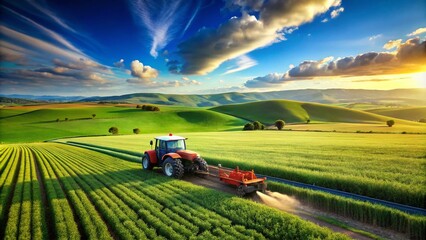 Tractor Spraying Green Wheat Field - Agricultural Work in Action for Sustainable Farming