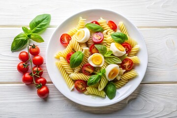 Aerial view of grooved pasta with boiled egg, tomatoes, and basil on a white plate