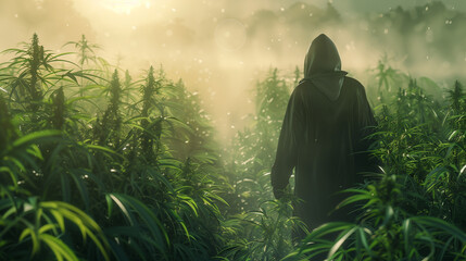 Mysterious hooded figure walking through dense cannabis field in soft golden misty light