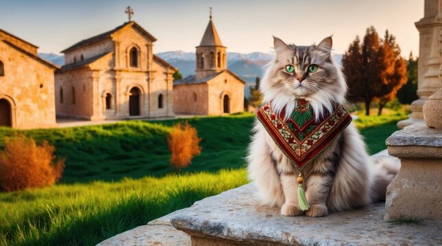 A cat wearing a traditional Armenian taraz, posing near ancient stone churches.