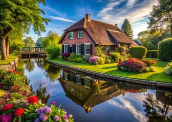 Obraz premium Traditional Dutch House with Garden and Pond in Giethoorn, Holland, Scenic Landscape Photography