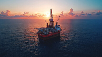 offshore oil rig stands tall in the middle of the ocean, framed by a stunning sky. The rig symbolizes energy extraction, industrial power, and human resilience against nature's vast expanse