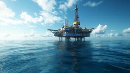 offshore oil rig stands tall in the middle of the ocean, framed by a stunning sky. The rig symbolizes energy extraction, industrial power, and human resilience against nature's vast expanse