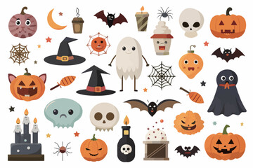 cute Halloween element Icons collection with pumpkins and ghosts