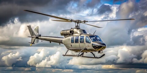 Aerial view of helicopter isolated against white overcast sky