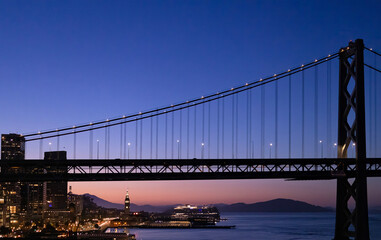 Panoramic San Francisco financial district skyline in city downtown near Oakland Bay Bridge.