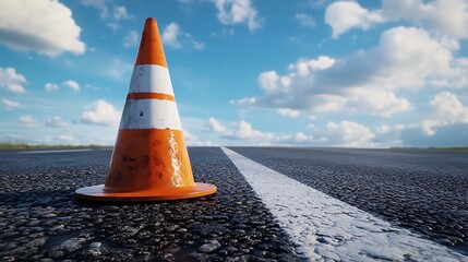Traffic cone on asphalt road with blue sky and white clouds background