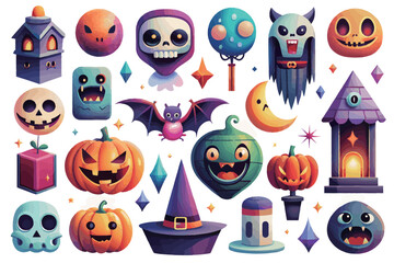 cute Halloween element Icons collection with pumpkins and ghosts