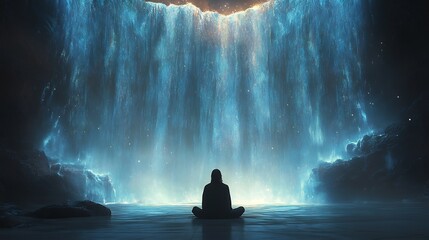 Enoch prayer beneath celestial waterfall divine water glowing as it cascades down spiritual energy radiating through the air serene atmosphere of devotion