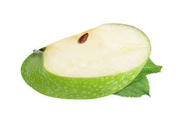 Green apple slice with seed and leaves on isolated white background.