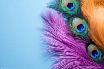 Obraz premium Vibrant Peacock and Feather Display on Blue Background: A Stunning Burst of Color and Texture