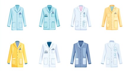 Colorful variety of medical lab coats on a white isolated background.