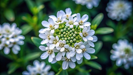 Aerial view of Iberis sempervirens flower on dark green leaves background