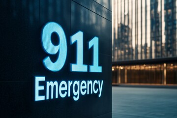 Fototapeta premium Modern 911 Emergency Sign in Urban Setting at Night with City Lights in Background