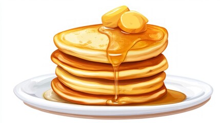 Delicious stack of fluffy pancakes drizzled with golden syrup, showcased against a clean white background, perfect for culinary presentations or breakfast menus.
