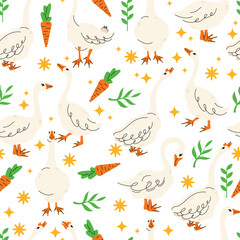 Obraz premium Seamless pattern with geese in various poses. Cartoon vector illustration isolated on background. Farm animal design adorable birds in different poses, funny characters