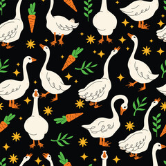 Seamless pattern with geese in various poses. Cartoon vector illustration isolated on background. Farm animal design  adorable birds in different poses, funny characters