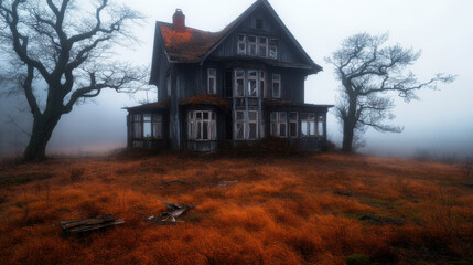 Abandoned house shrouded in fog with overgrown grass and trees