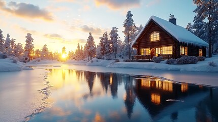 Fototapeta premium Cozy Cabin in Winter Wonderland by Frozen Lake