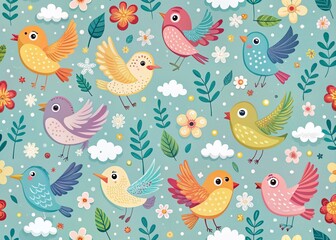 Obraz premium Trendy Nursery Background Pattern with Flying Birds for Kids Apparel and Decor