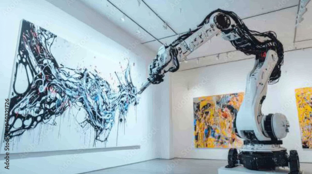 Poster a robotic painter creating intricate murals in a modern art gallery, clean and artistic environment 