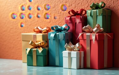 Fototapeta premium Christmas presents with shiny ribbons and elegant bows.