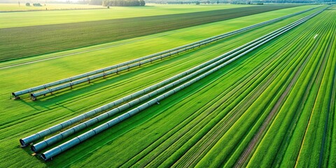 Aerial view of irrigation pipes in green meadow