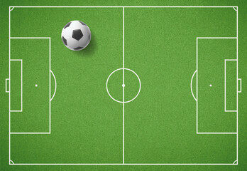 Football field with ball. Soccer ground with green grass texture and frame. Vector illustration