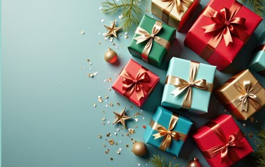 Christmas gift boxes with decorative ribbons and festive colors.