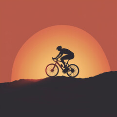 Obraz premium Silhouette of a cyclist riding on a hilltop at sunset, the sun's rays filtering through the bike’s frame