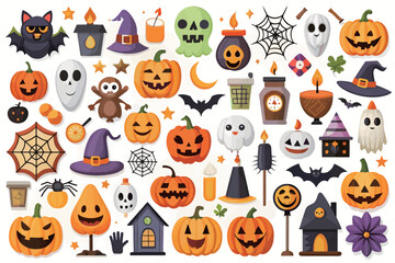 cute Halloween element Icons collection with pumpkins and ghosts