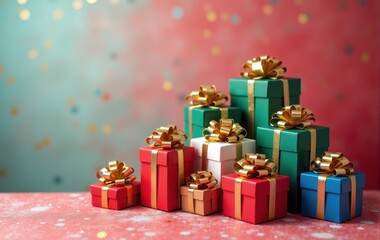 Obraz premium Beautifully wrapped Christmas gifts with festive bows.