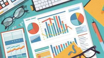 Accounting business irs internal audit analysis vector table desk or seo statistic market sales research inspection flat lay, quality study chart, financial budget review report, company investment