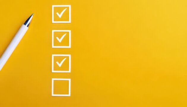 Checklist on yellow background with pen, organizing tasks and priorities.
