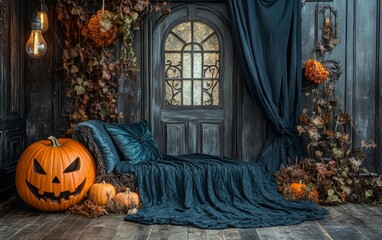 Obraz premium Halloween holiday scene wood floor in room lamps hanging ominous background design