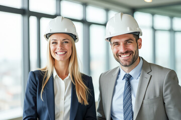 A businessman and a businesswoman smile in white helmets in a new office space