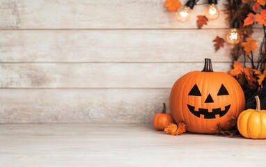 Obraz premium Halloween holiday scene wood floor in room lamps hanging ominous background design