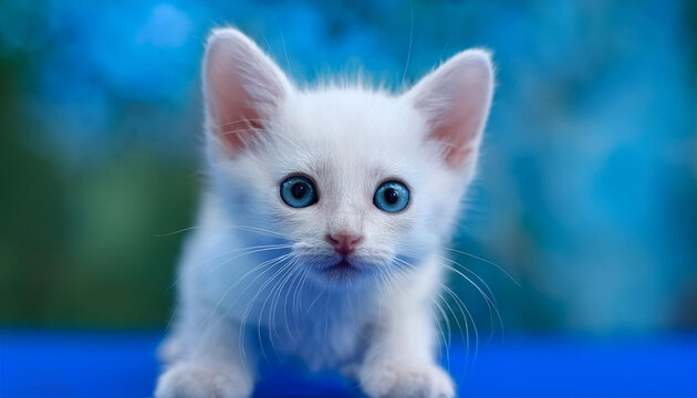 white persian cat,White cat with different color eyes. Turkish angora. Van kitten with blue and green eye lies on white bed. Adorable domestic pets, heterochromia.
 - Powered by Adobe