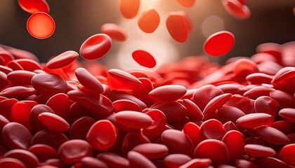 Fototapeta premium Microscopic view of red blood cells flowing through a vein, resembling a heart-shaped candy against a white background
